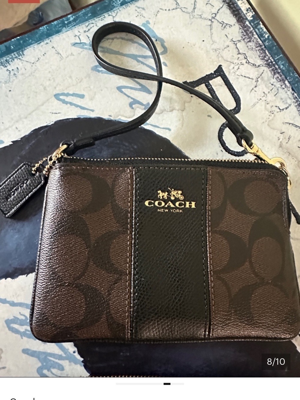 Coach Brown & Black Signature Wristlet with Gold Logo